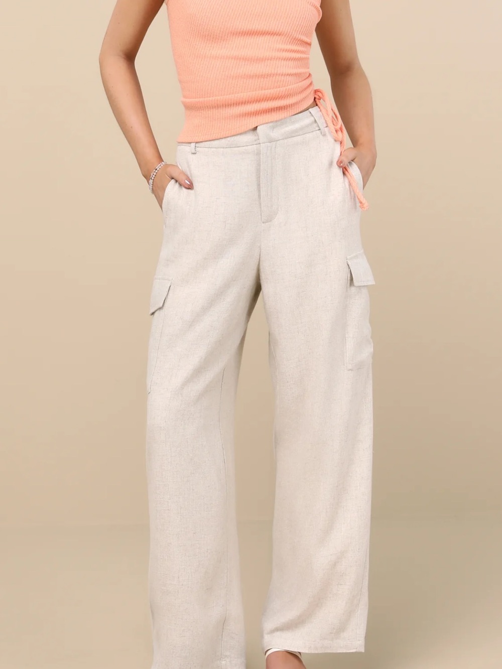 Cadelina Heather Beige Linen Cargo Trouser Pants